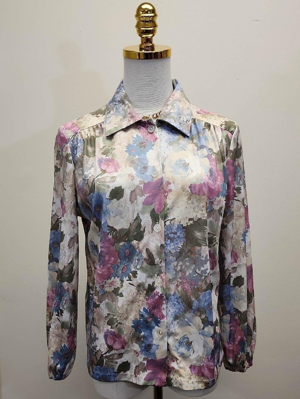 Vintage Sheer Floral Button Up Blouse Watercolor Pastel Pink Blue Size Small